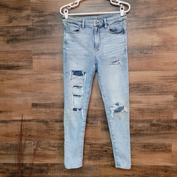 American Eagle Jeans 8 R Next Level Stretch Super Hi Rise Jegging Ripped Patched - Picture 1 of 11